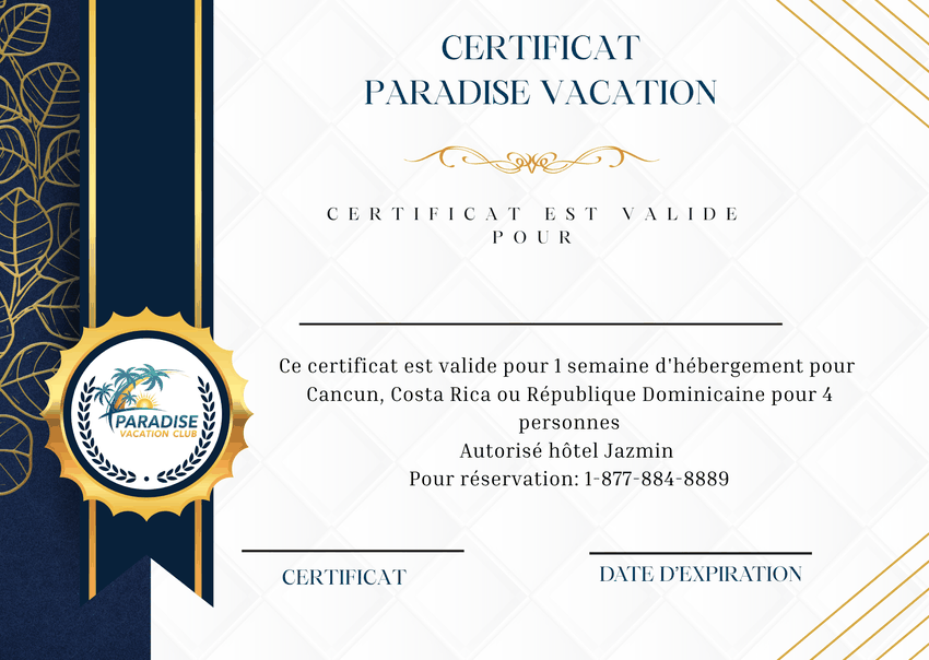 Certificat Paradise Vacation
